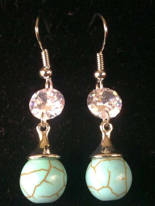 STUNNING TIBETAN SILVER DANGLING TURQUOISE DIAMANTE EARRINGS
