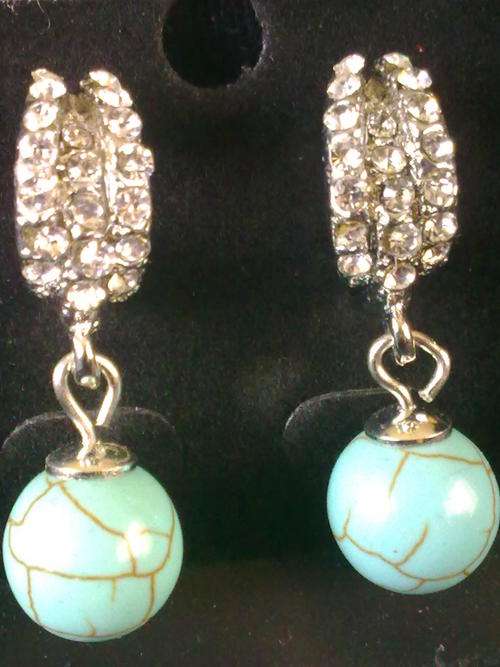 STUNNING TIBETAN SILVER DANGLING TURQUOISE DIAMANTE EARRINGS