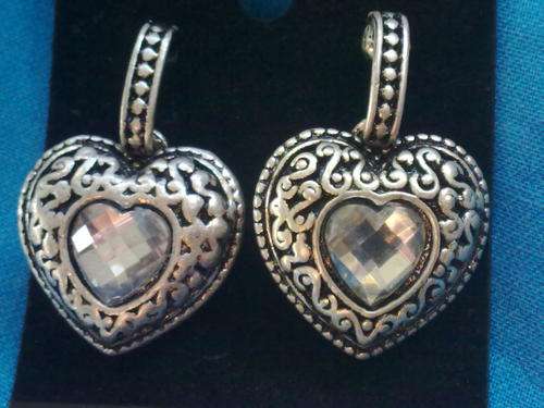 STUNNING TIBETAN SILVER DIAMANTE HEART EARRINGS