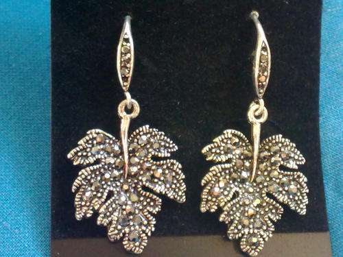 STUNNING TIBETAN SILVER MARCAZITE LOOK LEAF EARRINGS