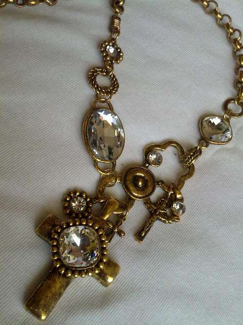 TIBETAN SILVER GOLD TONE FANCY CROSS PENDANT ROLO NECKLACE