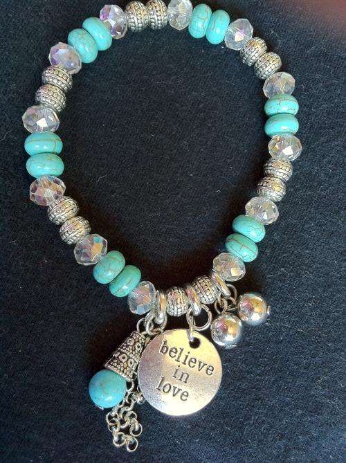 GENUINE AUSTIAN CRYSTALS, TIBETAN SILVER, TURQUISE "believe in love" BRACELET