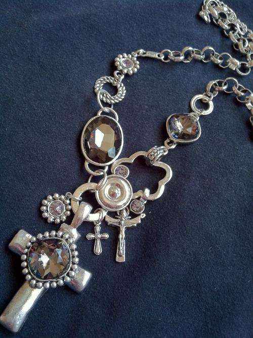TIBETAN SILVER  FANCY CROSS PENDANT ROLO NECKLACE