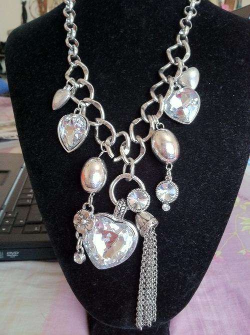 LAST ONE!!STUNNING TIBETAN SILVER  MULTI  CRYSTAL HEART CHARMS NECKLACE