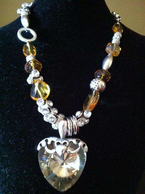 STUNNING!!!LIGHT BROWN CRYSTAL HEART TIBETAN SILVER FANCY CHUNKY NECKLACE