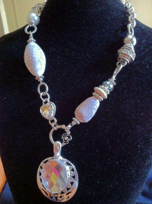 LAST ONE!!! FAUX PEARLY, "MIGLIO INSPIRED" CHARMS WHITE/PURPLE TERQUOISE TIBETAN SILVER NECKLACE
