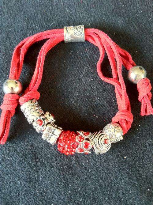 RED LEATHER STRAP PARDORA BEADS BRACELET ADJUSTABLE