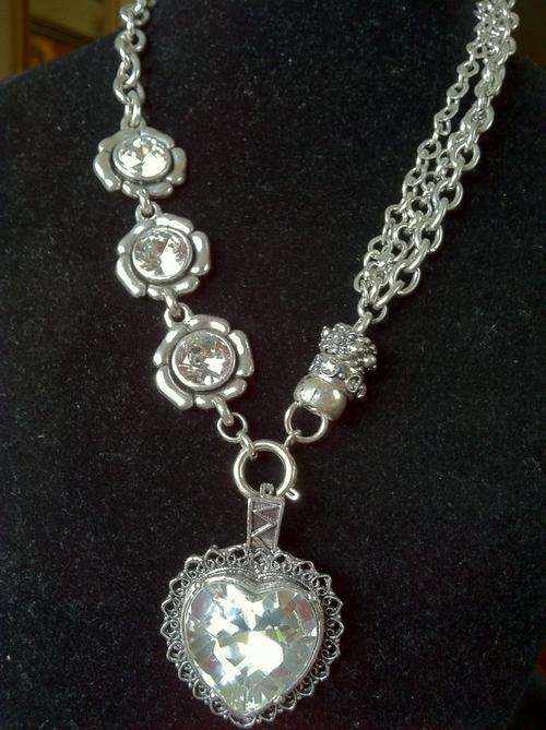 STUNNING!!! TIBETAN SILVER FANCY HEARTMIGLIO FLOWERS DIAMANTE NECKLACE