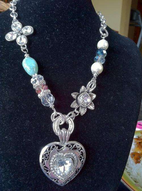 LAST ONE!!!  LARGE FILIGREE CRYSTAL HEART TIBETAN SILVER TERQUOISE, "MYSTIC CRYSTAL" NECKLACE