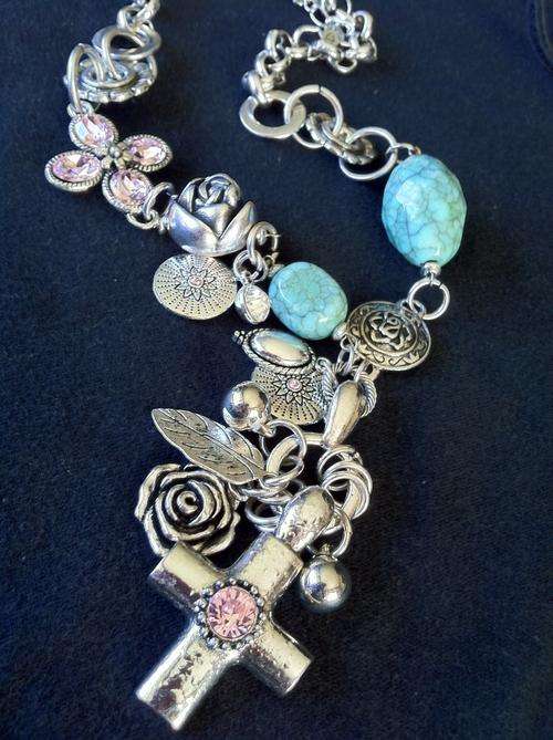 STUNNING!!! PINK CROSS TIBETAN SILVER NECKLACE