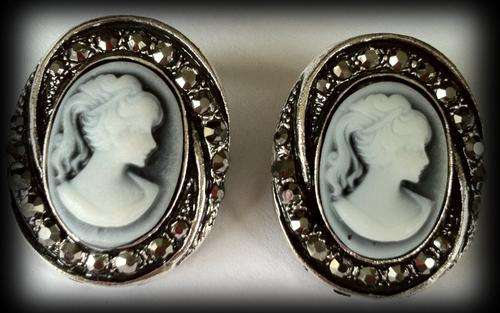 STUNNING TIBETAN SILVER MARCAZITE CAMEO  EARRINGS
