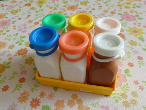 Vintage Fisher Price 1966 Six Milk Bottles with Carrier Toy