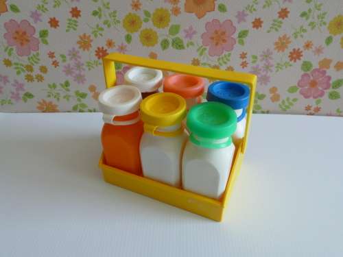 Vintage Fisher Price 1966 Six Milk Bottles with Carrier Toy