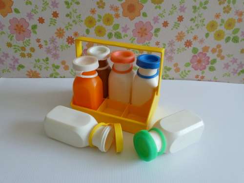 Vintage Fisher Price 1966 Six Milk Bottles with Carrier Toy