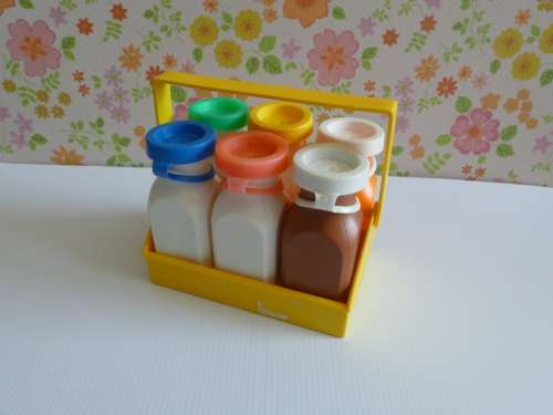 Vintage Fisher Price 1966 Six Milk Bottles with Carrier Toy