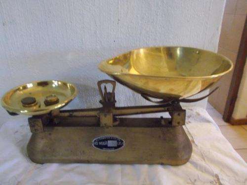 Vintage scale with brass bowls and weights