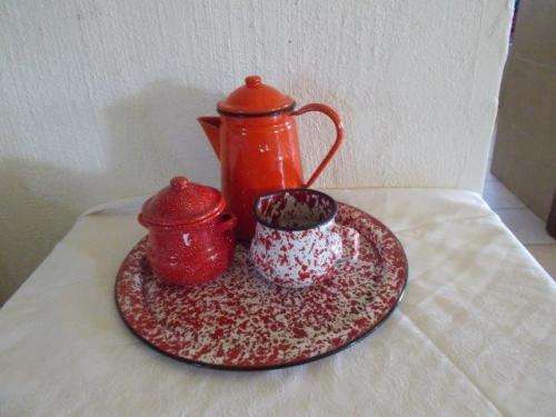 Lovely vintage style enamel wear items , tray, pot and milk and sugar bowl