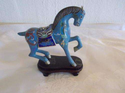 Stunning vintage ? cloisonne horse on wooden stand