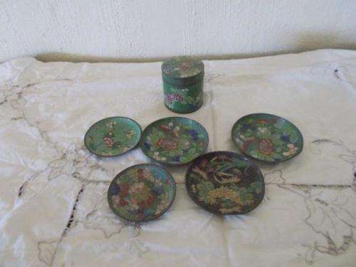 Nice vintage cloisonne collection of round trinket box and pin tray plates