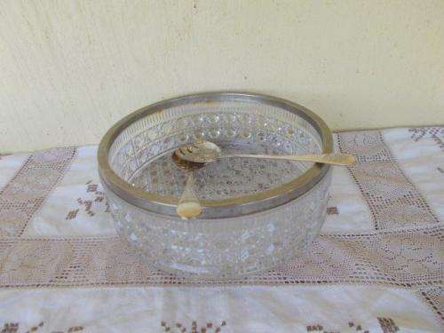 Heavy pressed vintage glass bowl with sliver plated salad servers