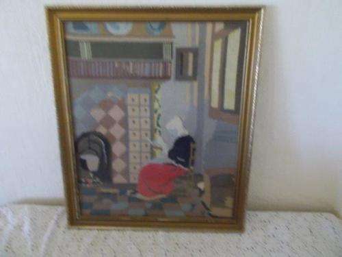 Large framed vintage lady scene tapestry by the fire place