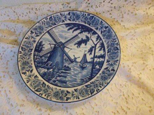 Blue and white collectable windmill scene blue delft wall plate