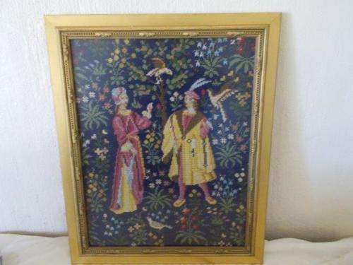 Framed vintage scene man and lady in garden scene  tapestry