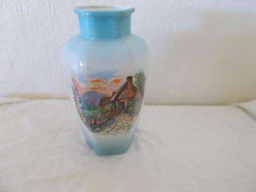 Vintage blue cottage scene porcelain Czechoslovakia vase