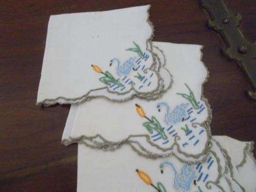 A lot of four blue swans  embroidered vintage napkins