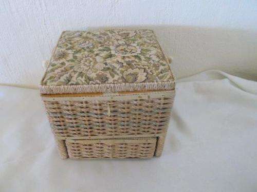 Vintage sewing basket with a tapestry top