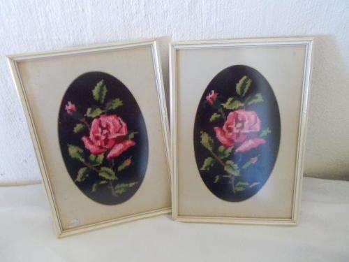 A pair of small embroidered flower, rose scene tapestry