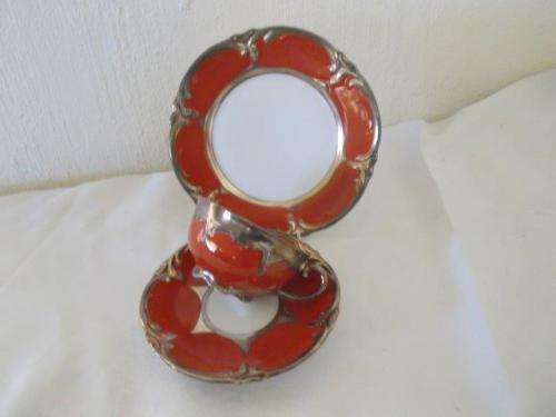 stunning sterling silver on porcelain foreign  wine red tea cup trios