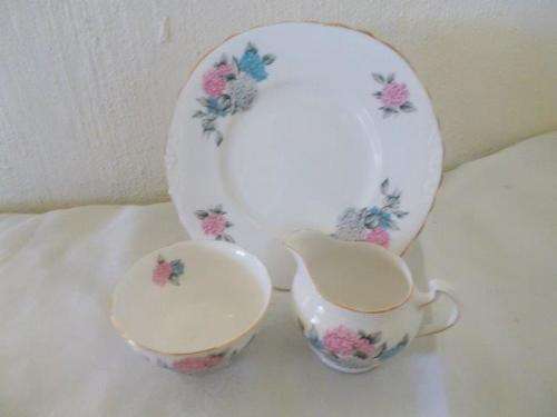 Pretty pink and blue Royal crown bone china milk jug and sugar bowl with cake plate combo