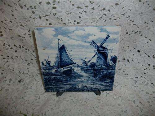 lovely blue and white delft like tile with stand
