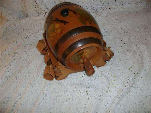 Nice hand painted wooden barrel with stand and tot glass