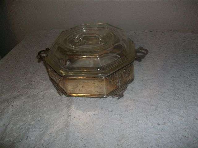 glass cassrole dish with sliver plated stand