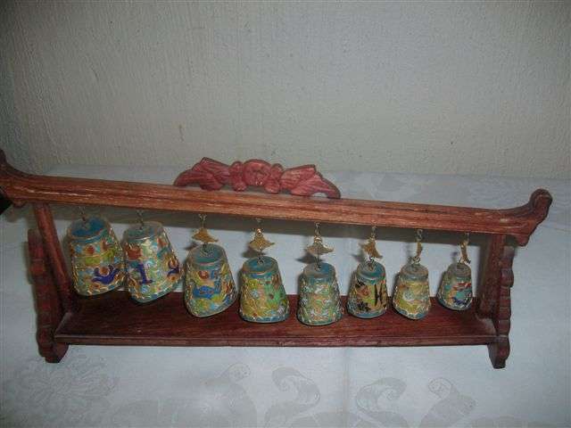 Interesting wooden and enamel..? indian style bells