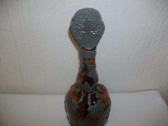 vintage glass decanter with pewter overlay