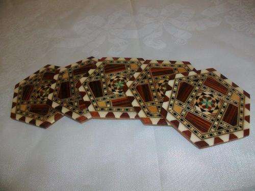 Beautifully inlayed wooden set of coasters