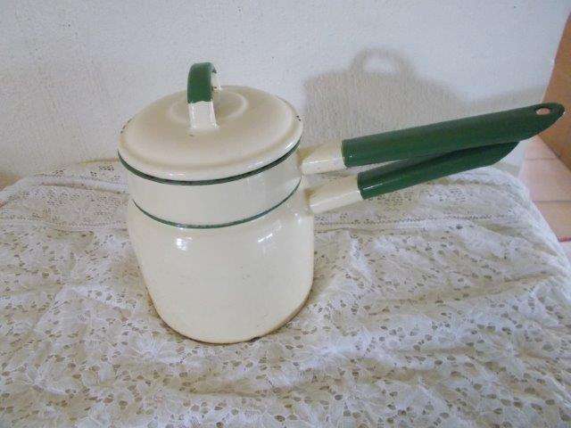 Vintage yellow double boiler pot with wear