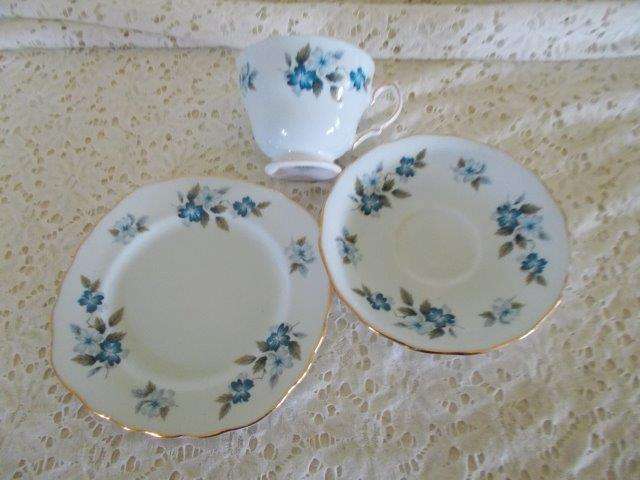 last one lovely bone china blue flower colclough tea cup trio