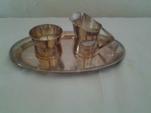 nice small silver plated milk and sugar bowl on tray