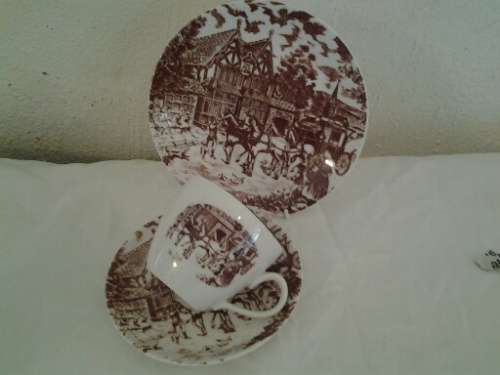 brown and white coaching scene continetal  china tea cup trio