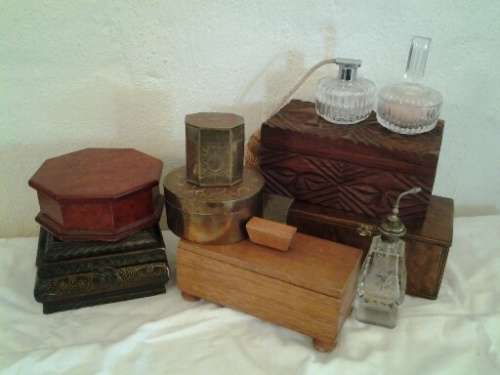 huge lot of wooden and other trinket boxes and perfume bottle