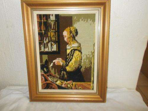 small framed no glass vintage lady scene tapestry