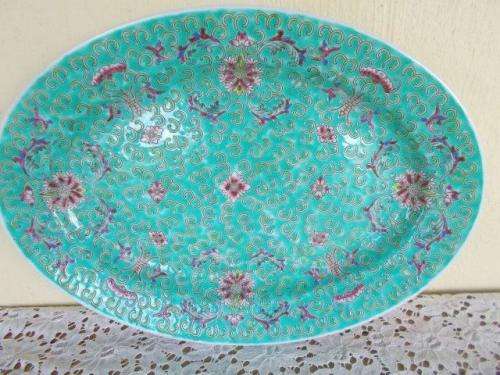 Number 2 pretty oriental turquoise in color procelain oval serving platter