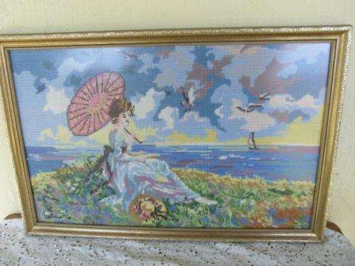 stunning framed oriental lady scene tapestry behind glass