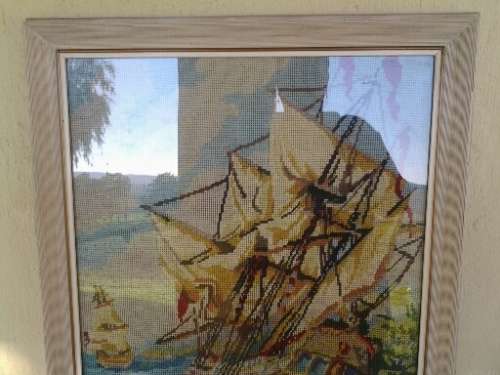 framed behind glass sailing boat scene taperstry