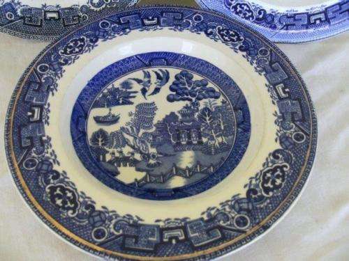 three nice blue and white willow pattern style porcelain sallow soup bowls