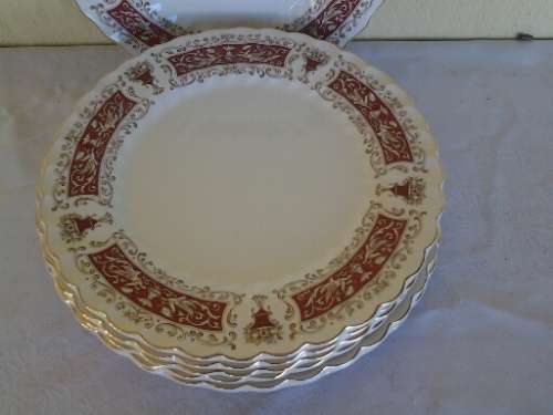 eight vintage myott red and white rialto dinner plates